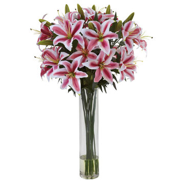 Rubrum Lily With Large Cylinder Floral Arrangement, Pink, White and Green