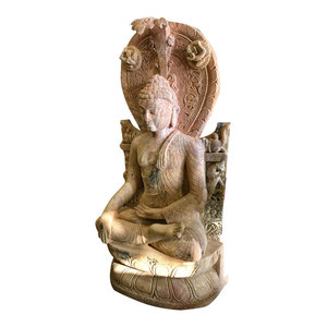 Mogul Interior - Garden Sculpture- Large Buddha Stone Statue Asian Art Patio Decor, Earth Touchin - Decorative Objects And Figurines