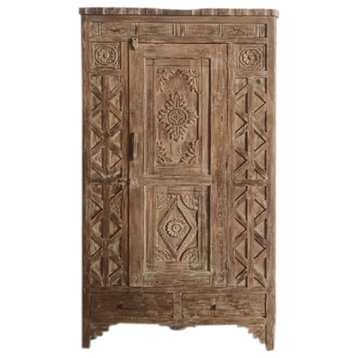 Consigned Vintage Carved Armoire, Farmhouse Distressed Wood Cabinet
