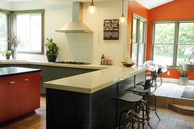 Transitional u-shaped porcelain tile open concept kitchen photo in Sacramento with white backsplash, stainless steel appliances, raised-panel cabinets, gray cabinets, quartz countertops, subway tile backsplash and an island