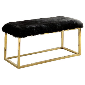 Elegant Contemporary Accent Bench, Golden Metal Base With Faux Fur Seat, Black