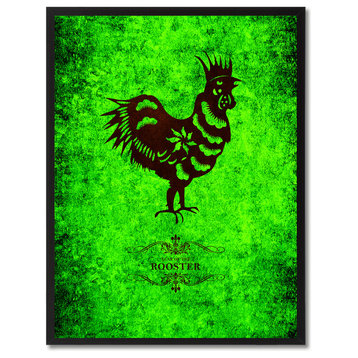 Rooster Chinese Zodiac Green Print on Canvas with Picture Frame, 13"x17"