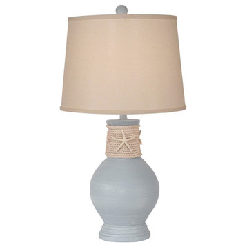 Weathered Seaside Villa Ribbed-Neck Table Lamp With White Rope and Starfish Acce