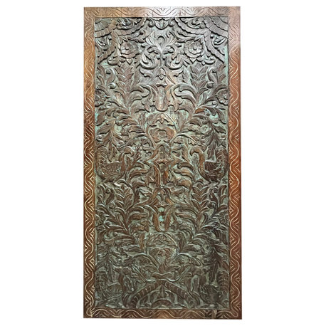 Consigned Zen Nature Carved Wood Door Vintage Black Sliding Barn Door
