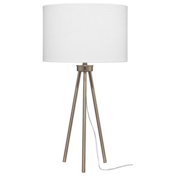 Sleek Simple Brass Metal Minimalist Tripod Table Lamp 26.5 in White Shade Round
