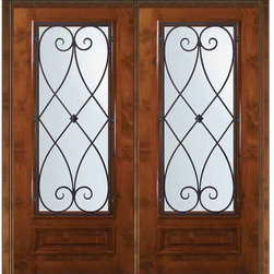 Pre-hung Double Door 80 Wood Alder Charleston 3/4 Lite Wrought Iron - Front Doors