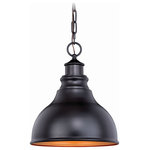 Vaxcel - Vaxcel - Delano 1-Light Outdoor Pendant in Farmhouse and Barn Style 13 Inches - Collection: Delano, Material: Steel, Finish Color: Oil Burnished Bronze, Width: 12", Height: 5", Depth: 12", Chain Length: 24", Lamping Type: Incandescent, Number Of Bulbs: 1, Wattage: 100 Watts, Dimmable: Yes, Moisture Rating: Damp Rated, Desc: A modern barn light the Delano takes a popular style and adds an updated twist. The Delano is dark-sky compliant and features a gold inner finish, to add extra warmth to the look and feel of this light. Mount these lights on your porch, entryway, or garage and experience this stylish look for yourself. It is sure to be a great addition to your homes exterior decor.   Assembly Required: Yes / Canopy Included: Yes / Canopy Diameter: 5 / Sloped Ceiling Adaptable: Yes / Bulb Shape: A19 / Dimmable: Yes / Shade Included: Yes. ,-Delano 1-Light Outdoor Pendant in Farmhouse and Barn Style 13 Inches Tall and 11 Inch Wide-Barn, Dome-T0317