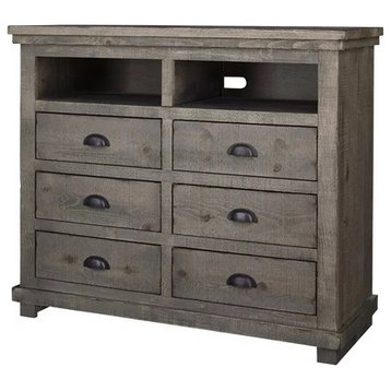 Rustic TV Media Console, Drawers With Inverted Cup Shaped Pulls, Weathered Gray