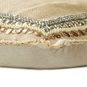 Beige Burlap 12"x18" Lumbar Pillow Cover, Lace Beads Sequins Embroidery Soraya