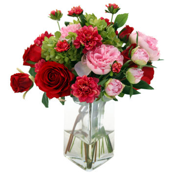 Waterlook® Red Roses Pink Peonies, and Fushia Dahlia in Triangle Vase