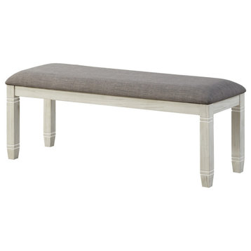 Fabric Upholstered Padded Bench with Tapered Feet, Antique White and Gray