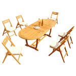 Teak Deals - 7-Piece Outdoor Teak Dining Set: 94" Masc Oval Table, 6 Surf Folding Arm Chairs - Set includes: 94" Double Extension Oval Dining Table and 6 Folding Arm Chairs.
