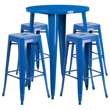 Flash Commercial 30" Round Blue Metal Bar Table Set & 4 SQ Seat Backless Stools