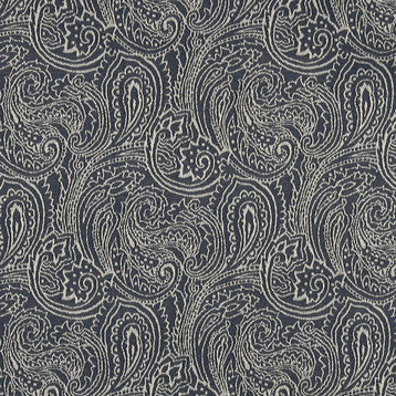 Navy Blue, Traditional Abstract Paisley Woven Upholstery Fabric By The Yard