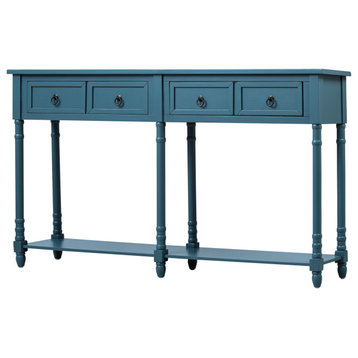 58" Rustic Console Table and Long Shelf, Solid Wood Construction, Navy