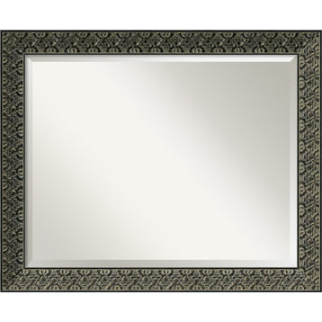 Intaglio Embossed Black Beveled Wood Bathroom Wall Mirror - 32.5 x 26.5 in.