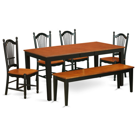 6-Piece Dining Set, Bench, Table and 4 Chairs, Black/Cherry