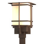 Hubbardton Forge - Tourou Large Outdoor Post Light, Coastal Bronze Finish, Opal Glass - Although the design is in honor of traditional Japanese stone lanterns, our Tourou Outdoor fixture is much easier to post-mount outside home or business. Metals bands crisscross and hug the square glass tube for design flare.