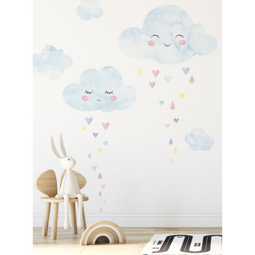Watercolor Clouds with Heart Rain Vinyl Wall Sticker