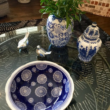 Blue and white Transitional Family Room