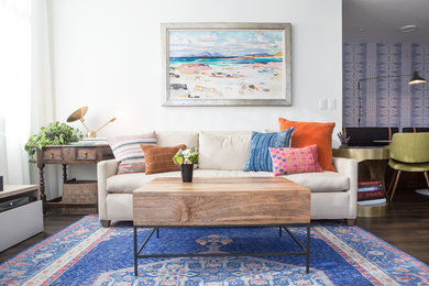 Living room - contemporary open concept brown floor living room idea in Denver with white walls