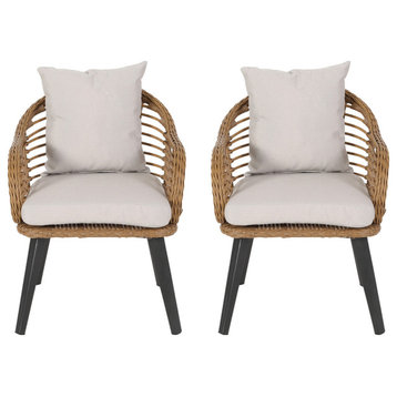 Becky Indoor Wicker Club Chairs with Cushions, Set of 2, Light Brown, Black, Bei