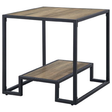 Benzara BM276307 22" Wood End Table, Grain Details, Metal Frame, Rustic Oak