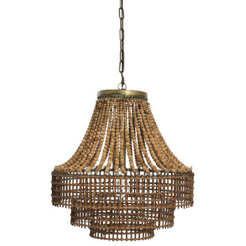 Metal, Rattan and Wood Bead Chandelier, Natural