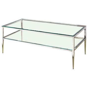 Benzara BM207950 Coffee Table with Glass Top and Tapered Legs, Silver and Clear