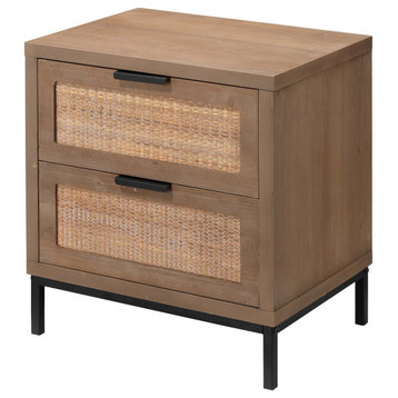 Luxe Woven Raffia Front 2 Drawer Accent Table Chest Casual Light Wood Bedside