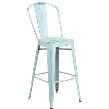 30" High Distressed Green-Blue Metal Indoor-Outdoor Barstool With Back