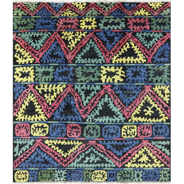 9'x10' South Western Navajo-Design Kaitag Blue Hand Knotted Wool Area Rug