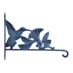 Import Wholesales - Hummingbird & Flowers Plant Hanger Hook, Verdigris Cast Iron, 12.5" Deep - Planter Hardware And Accessories