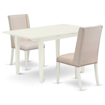 3Pc Dinette Set, Chairs, Butterfly Leaf Wood Table, Linen White