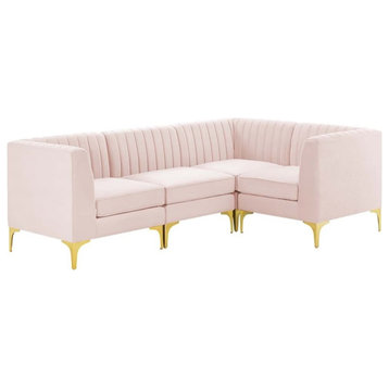 Modway Triumph 4-Piece Channel Performance Velvet Tufted Sectional Sofa in Pink