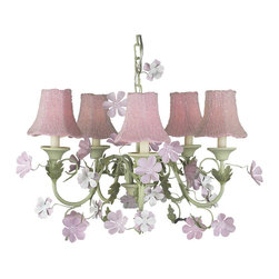 5-Light-Chandelier-in-Pink-Green-with-Glass-Bead-on-Fabric-Shade-and-Leaf-Flower - Chandeliers