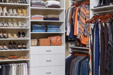 Inspiration for a mid-sized contemporary medium tone wood floor and brown floor walk-in closet remodel in Charleston with flat-panel cabinets and gray cabinets