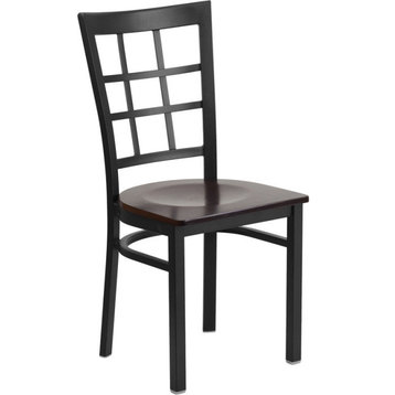 Black Window Back Metal Dining Chair, Walnut Wood Seat/Black Metal Frame