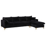 Meridian Furniture - Naomi 3-Piece Velvet Upholstered Reversible Sectional, Black - Bring glamour to your living room or den with this Naomi Black Velvet Sectional. This striking set blends the modern with the traditional for a look that wows from every angle. Luscious velvet provides a neutral element to your room, ensuring its easy fit with existing furnishings. Choose from either set of legs, both gold and chrome, to customize the sectional to your specific tastes. Pillows come with this sectional, adding to its welcoming feel.