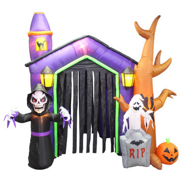 Haunted House With Skeleton Ghost and Tombstone, 8.5'