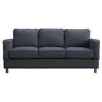 Small Space Seating - Raleigh Quick Assembly Three Seat Bonner Leg Sofa, Denim - Small Space Seating's standard size sofas and chairs are designed to fit through openings 12" or greater.  Perfect for older homes, apartments, lofts, lodges, playrooms, tiny homes, RV's or any place with narrow doors, hallways, tight stairs, and elevators. Our frames come with a lifetime guarantee and are constructed using kiln dried hardwoods.  Every frame is doweled, corner blocked, screwed, glued, stapled and features heavy-duty 8.5-gauge sinuous steel springs reinforced with horizontal tie rods.  All seating features plush 2.5 density HR spring down cushions with a lifetime guarantee.  High Performance, stain resistant fabrics with a 100,000 double rub rating come standard with our sofa and chairs.  This is American Made seating for small, tight and narrow spaces designed to last a lifetime.