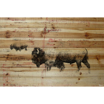 "Buffalo Walking" Painting Print on Natural Pine Wood, 45"x30"