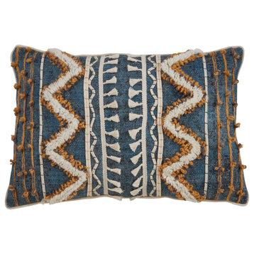 Fringed Down Filled Pillow With Block Print, 16"x24", Blue