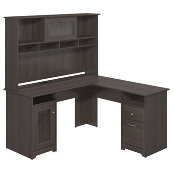 Pemberly Row 60" Transitional Wood L-Shape Desk with Hutch in Heather Gray