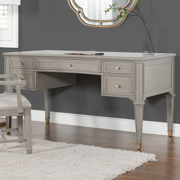 Dauphin Gold Accent 5-Drawer Wood Executive Desk, Gray Cashmere
