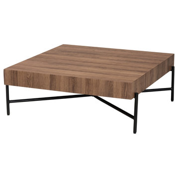 Modern Walnut Brown Finished Wood and Black Metal Coffee Table