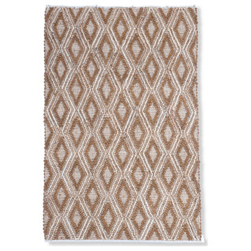 Hand Woven Ivory & Brown High/Low Diamond Geometric Jute Rug by Tufty Home, Natural/Gold, 5x8