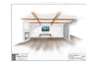 Inspiration for a large shabby-chic style walk-out laminate floor basement remodel in Atlanta with a standard fireplace