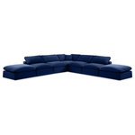 Meridian Furniture - Comfy Upholstered L-Shaped Modular Sectional, Navy, 7-Piece: 4 Armless Chair, 1 Corner Chair, 2 Ottoman, Velvet - Indulge in a relaxing experience with the Comfy Velvet Sectional. The soft, durable navy velvet upholstery adds an elegant touch to any living space, while the plush overstuffed cushions create a cozy and inviting atmosphere. This sectional is perfect for spending quality time with family and friends, offering unparalleled comfort that will make you never want to leave. Whether you're watching your favorite sports games or having a movie night, the Comfy Velvet Sectional is the perfect addition to your home.