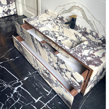 Luxury Bathroom Marble Sink Vanity with Marble Drawers, Calacatta Viola Marble,